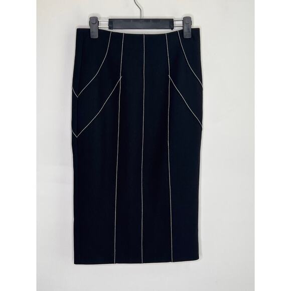 Cinq à Sept Embroidered Pull On High Waisted Midi Pencil Skirt Black US 4 - Picture 3 of 8